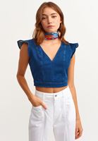 Bayan Mavi Fırfır Kollu Denim Crop Top