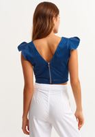 Bayan Mavi Fırfır Kollu Denim Crop Top