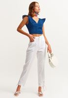 Bayan Mavi Fırfır Kollu Denim Crop Top