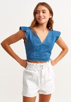 Bayan Mavi Fırfır Kollu Denim Crop Top