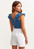 Bayan Mavi Fırfır Kollu Denim Crop Top