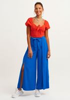 Bayan Mavi Yırtmaç Detaylı Wide-Leg Pantolon
