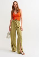 Women Green Slit Detailed High Waist Trousers