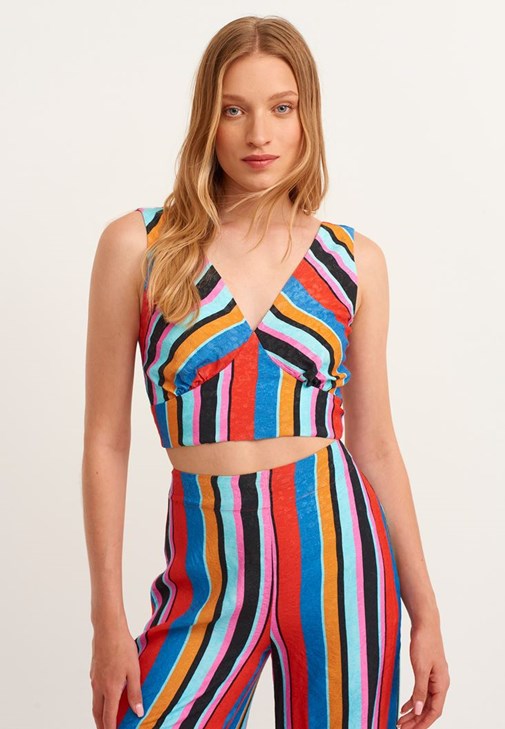 Çizgili Crop Atlet ve Wide-Leg Pantolon Kombini