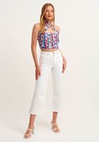 Bayan Çok Renkli Geometrik Desenli Crop Bluz