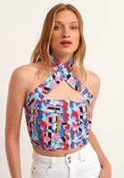Bayan Çok Renkli Geometrik Desenli Crop Bluz