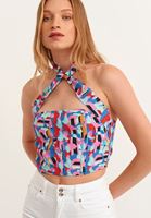 Bayan Çok Renkli Geometrik Desenli Crop Bluz