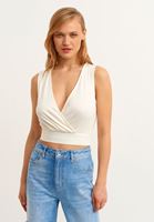 Bayan Krem Sırt Detaylı Kruvaze Crop Bluz