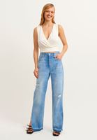 Bayan Krem Sırt Detaylı Kruvaze Crop Bluz