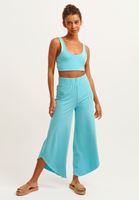 Bayan Mavi Esnek Dokulu Asimetrik Wide-Leg Pantolon