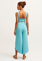 Bayan Mavi Esnek Dokulu Asimetrik Wide-Leg Pantolon