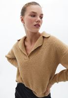 Women Beige Knitwear Sweater with Neckline Detail