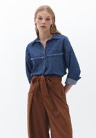 Bayan Mavi Loose-Fit Baskılı Denim Gömlek