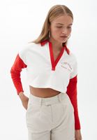 Bayan Krem Polo Yaka Crop Sweatshirt