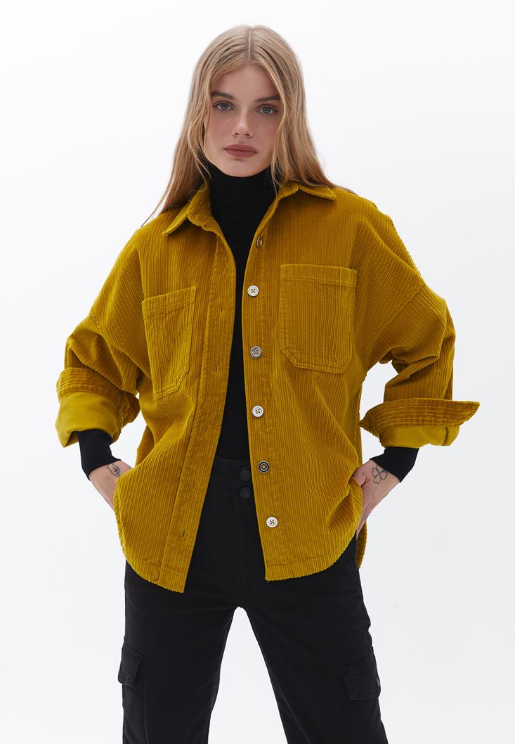 Women Yellow Oversize Velvet Shirt