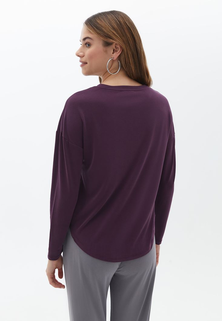Women Purple Loose Fit Tshirt with Long Sleeves