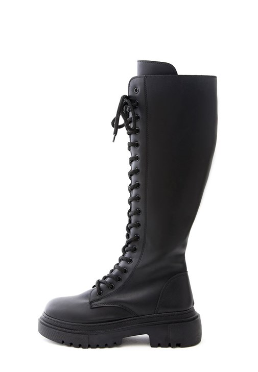 【AAKE】BOKASHI TASSEL LONG OPS Black Vegan Leather Lace Up Tall Combat Boots Online