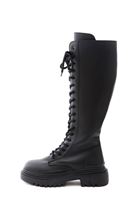 Women Black Vegan Leather Lace Up Tall Combat Boots