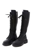 Women Black Vegan Leather Lace Up Tall Combat Boots