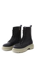 Women Black Vegan Leather Lace Up Tall Combat Boots