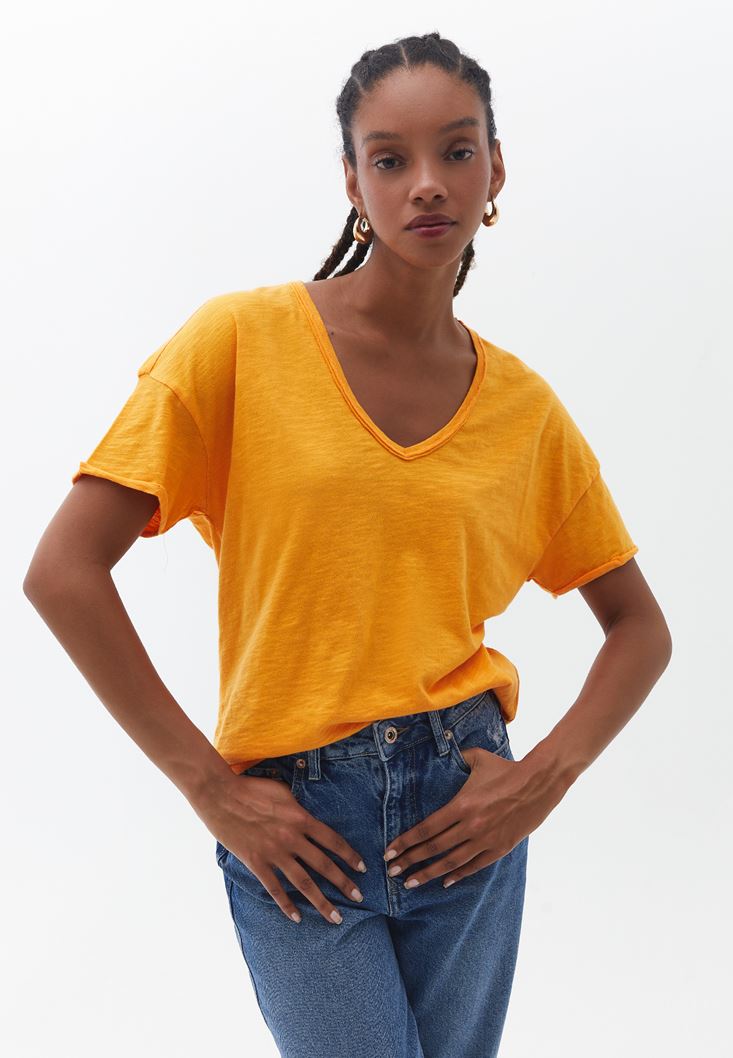 Women Orange V-Neck Oversize Tshirt