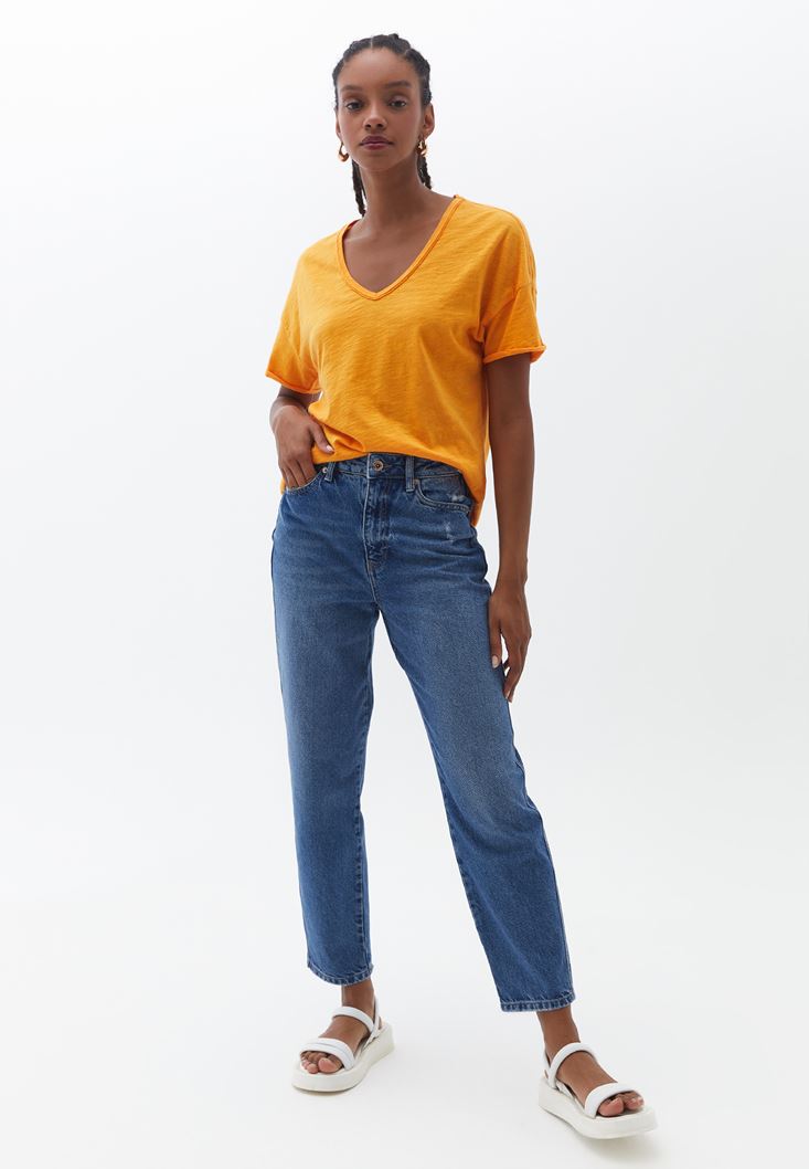 Women Orange V-Neck Oversize Tshirt