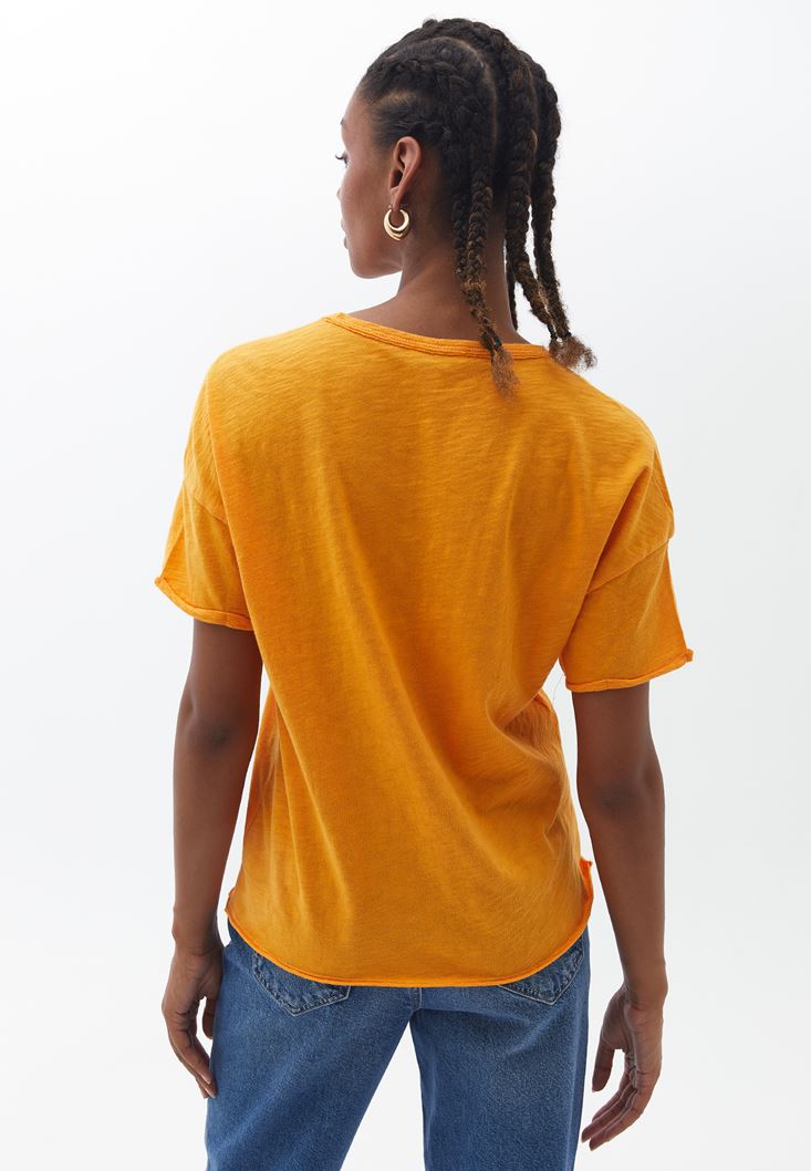 Women Orange V-Neck Oversize Tshirt