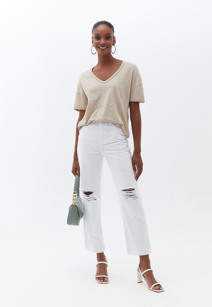 Women Beige V-Neck Oversize Tshirt