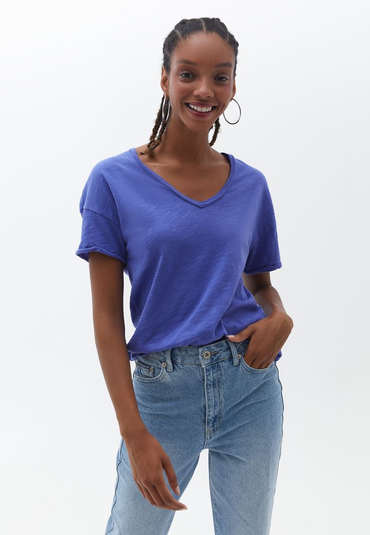 Women Blue V-Neck Oversize Tshirt