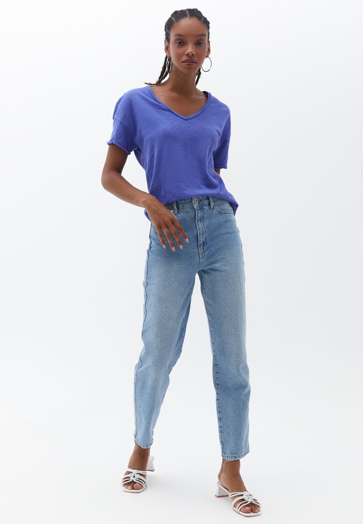 Women Blue V-Neck Oversize Tshirt