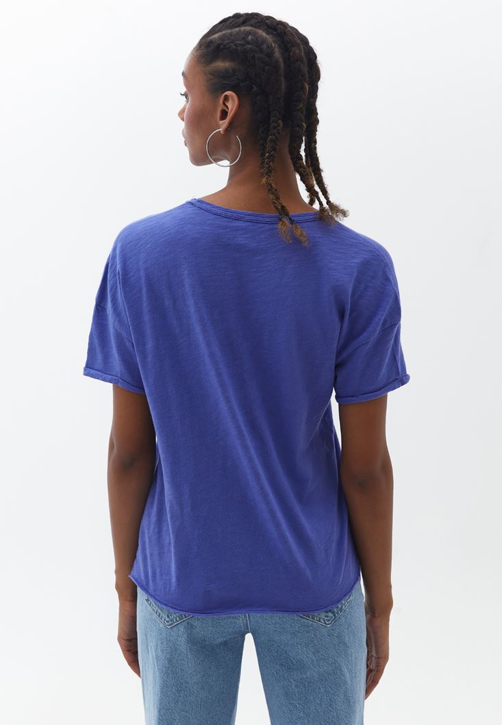 Women Blue V-Neck Oversize Tshirt