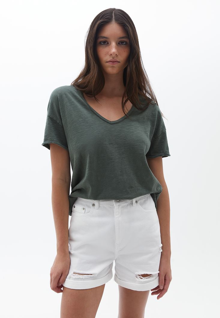 Women Green V-Neck Oversize Tshirt