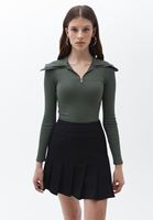 Women Green Zippered Neck Casual Top