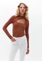 Women Brown High Neck Tshirt with Long Sleeves