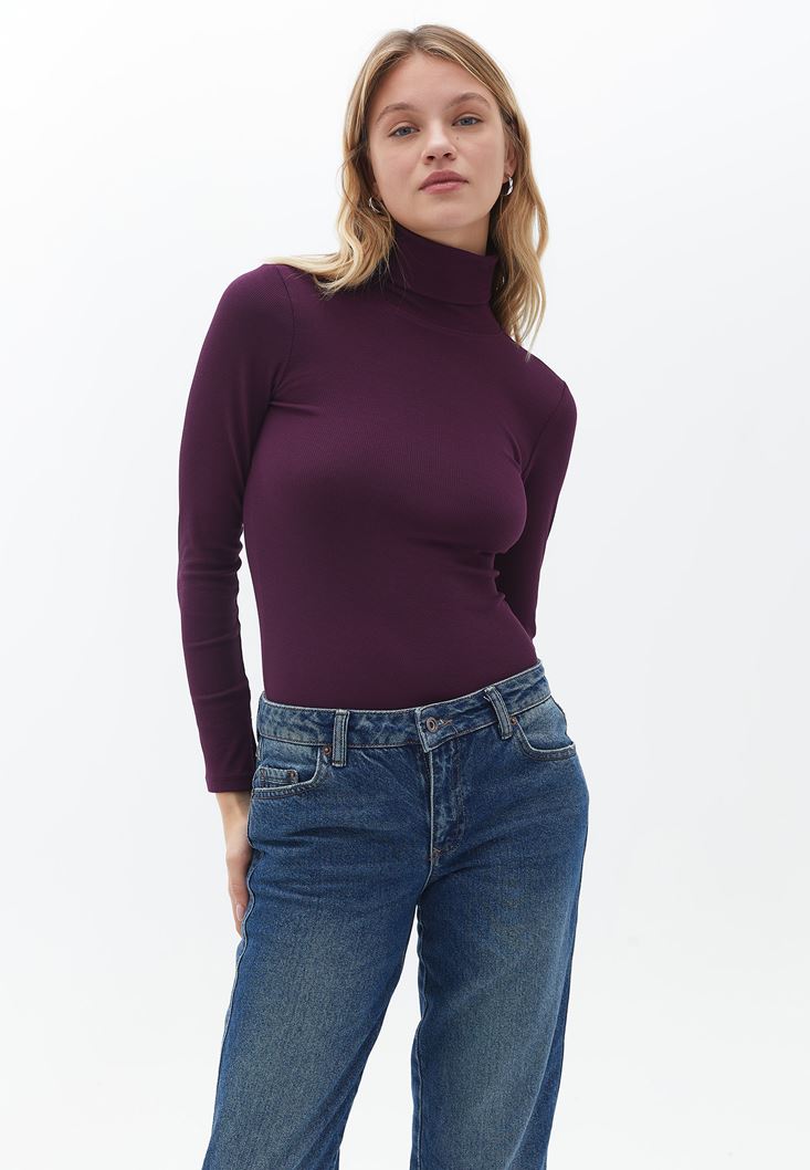 Women Purple Turtleneck Knitwear Sweater