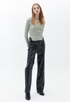 Women Black High Rise Vegan Leather Straight Fit Pants