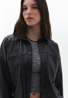 Women Black Vegan Leather Shirt Jacket