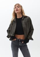 Women Green Vegan Leather Shirt Jacket