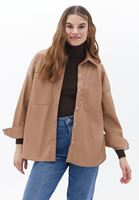 Women Brown Vegan Leather Shirt Jacket