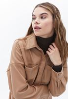 Women Brown Vegan Leather Shirt Jacket