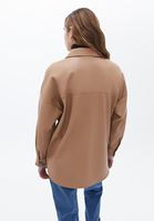 Women Brown Vegan Leather Shirt Jacket