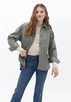 Women Green Vegan Leather Shirt Jacket