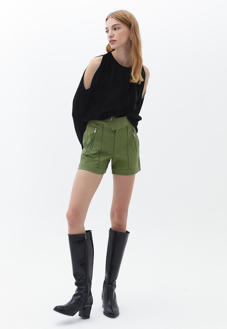 Women Green Vegan Leather Shorts with Belt Detail