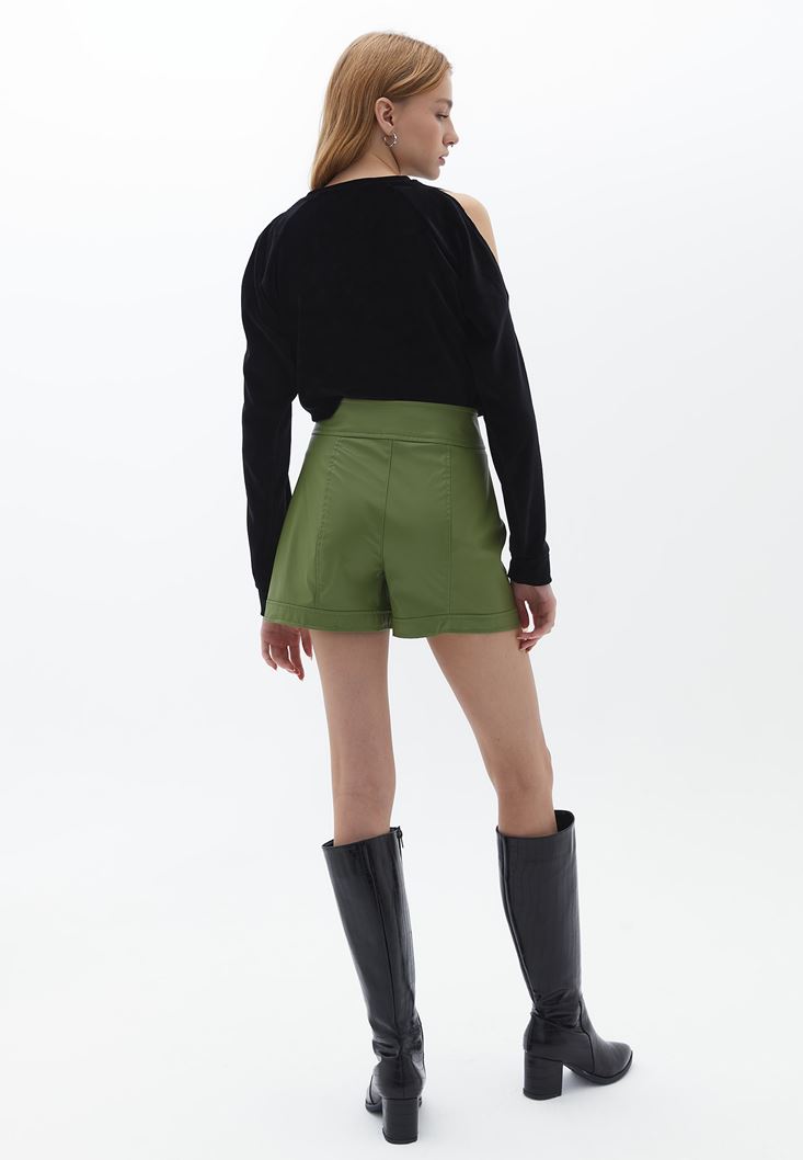 Women Green Vegan Leather Shorts with Belt Detail