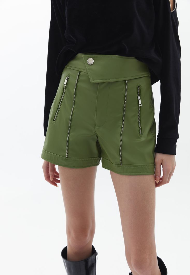 Women Green Vegan Leather Shorts with Belt Detail