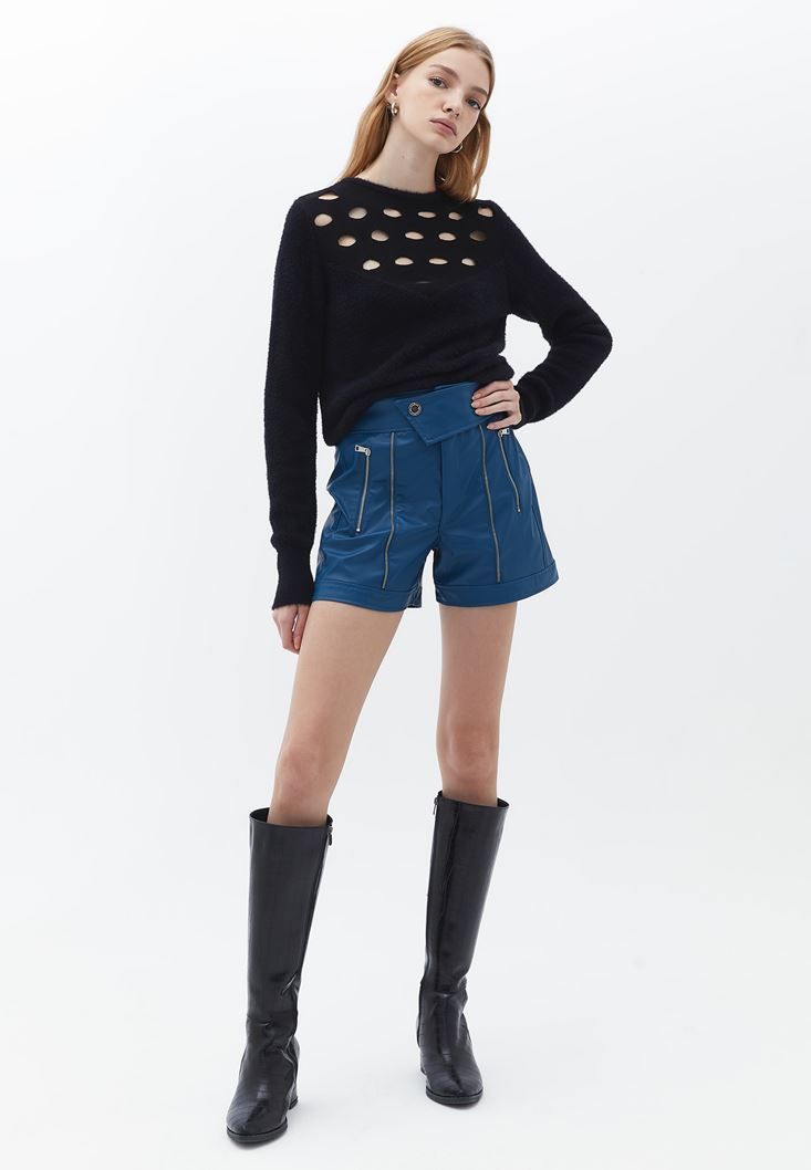 Women Blue Vegan Leather Shorts with Belt Detail