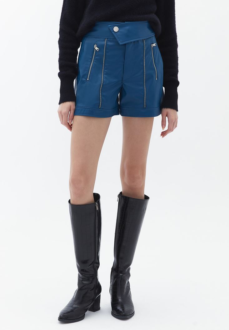 Women Blue Vegan Leather Shorts with Belt Detail