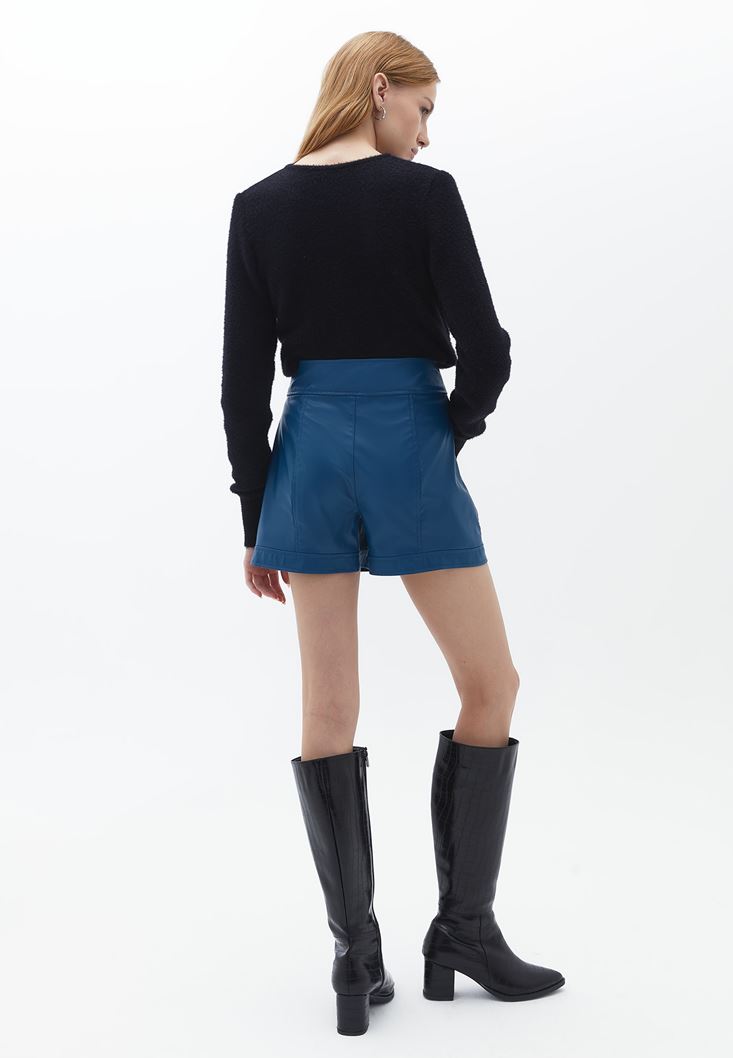 Women Blue Vegan Leather Shorts with Belt Detail
