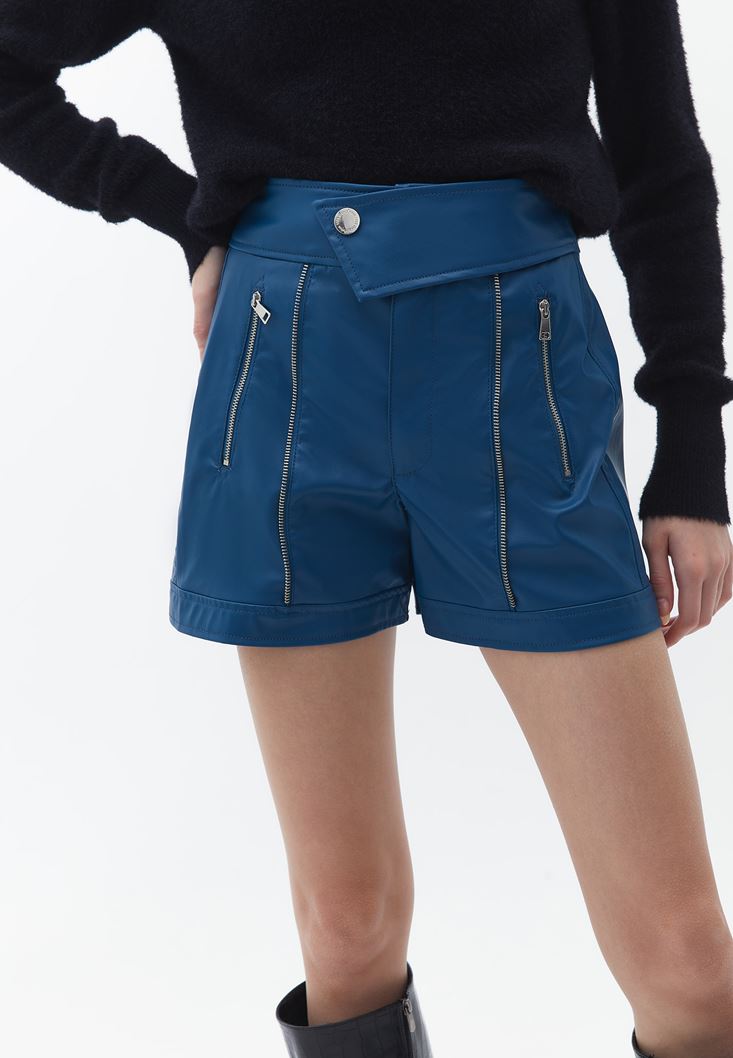 Women Blue Vegan Leather Shorts with Belt Detail
