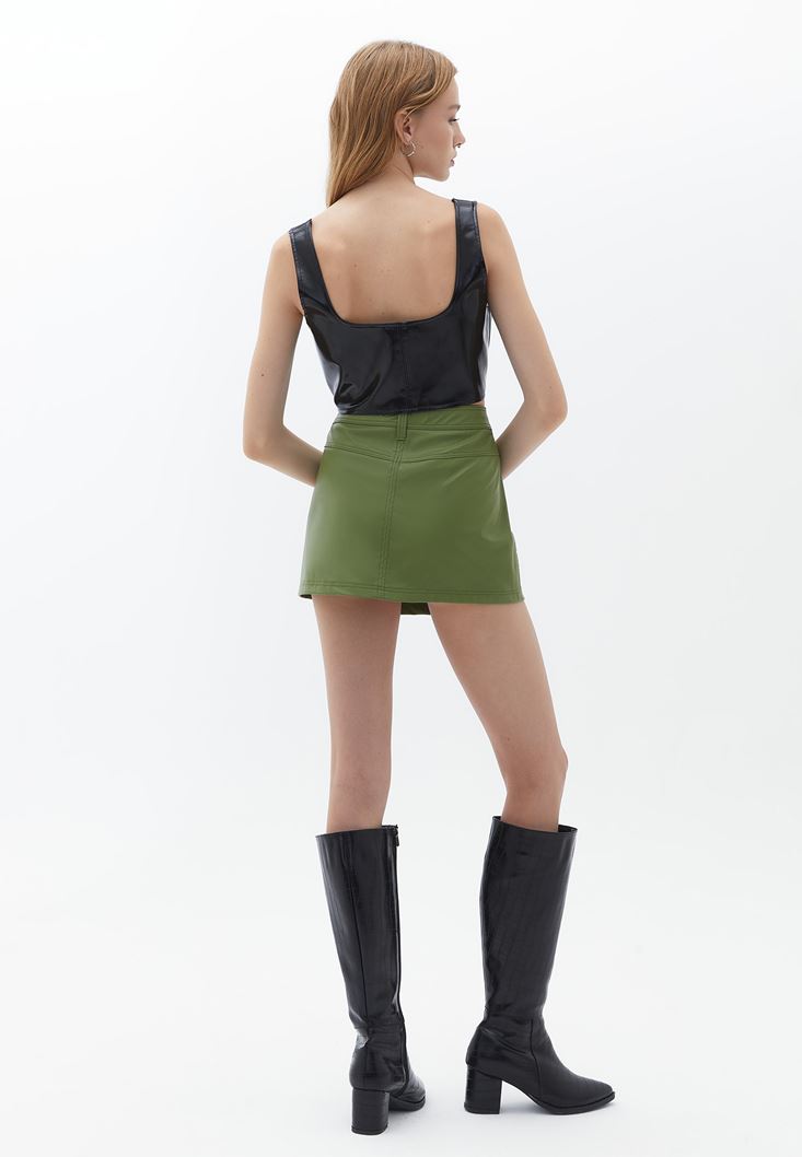 Women Green Vegan Leather Mini Skirt